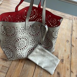 Echo designs tote reversible silver and red with matching clutch